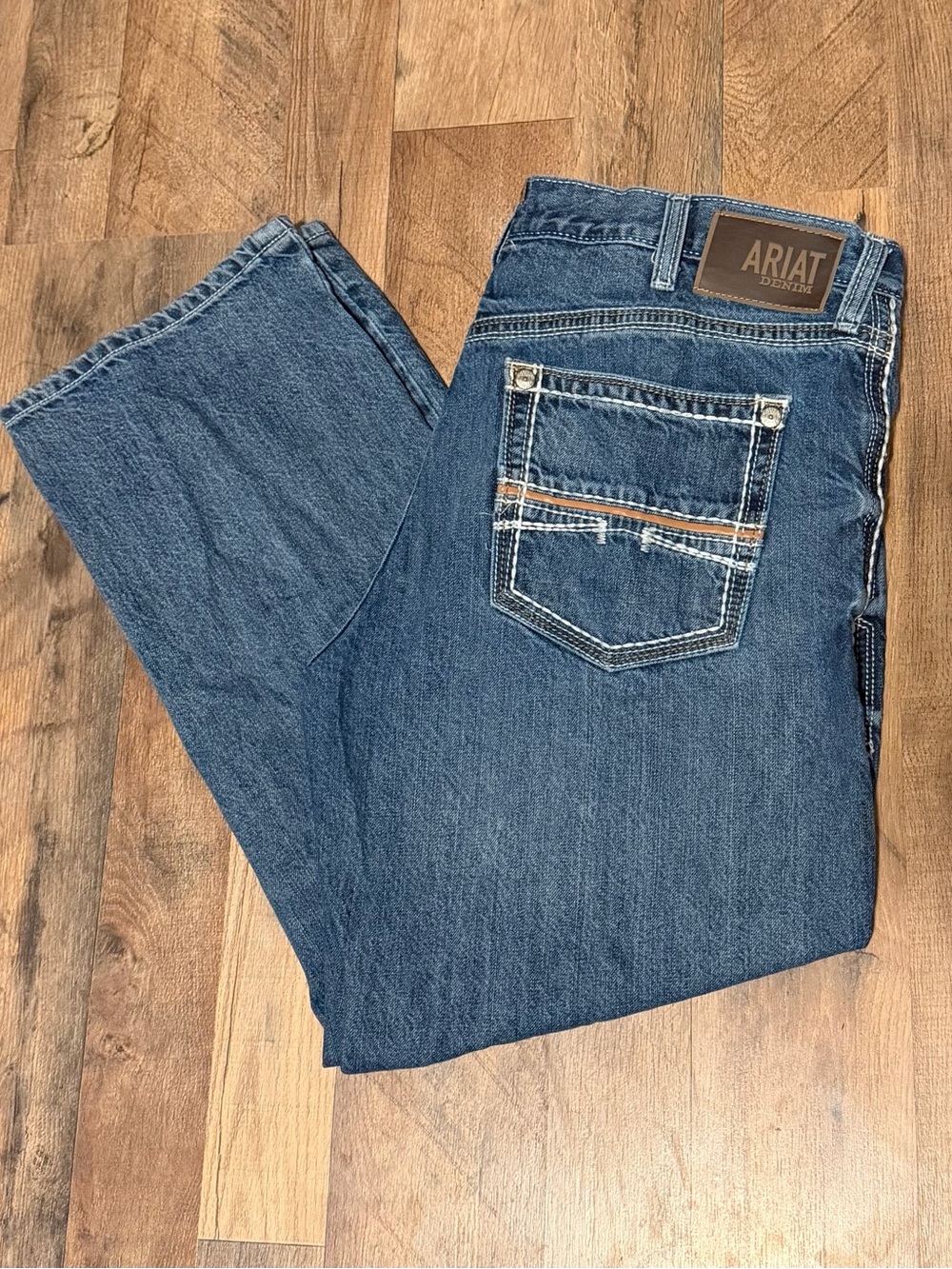 Ariat Men’s Dark Blue Bootcut Denim Jeans with Brown Patch